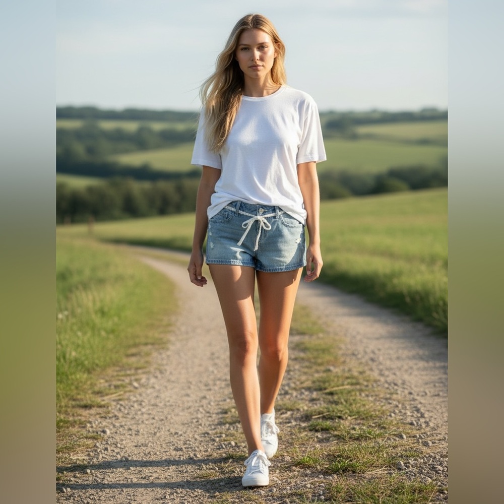 Hollister New Ultra Low-Rise Light Wash Lace Tie Denim Mini Shorts Women 27 Blue